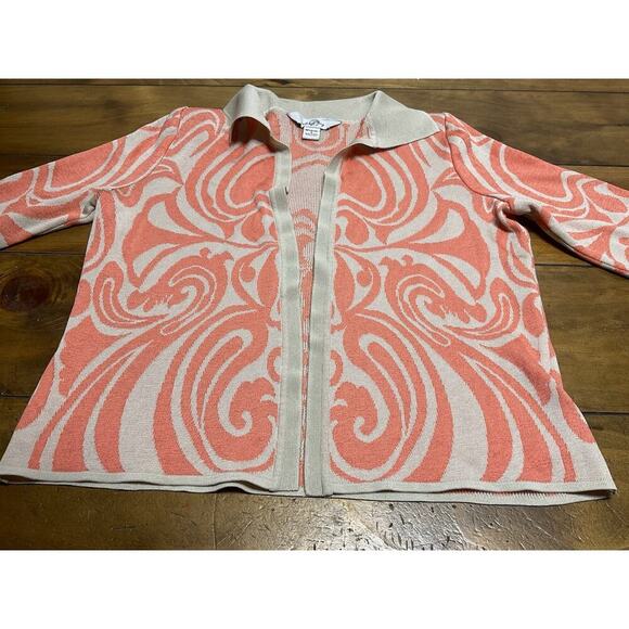 Ming Wang Cardigan Sweater Size Small Tan Coral Print Open Front Knit - Picture 2 of 12